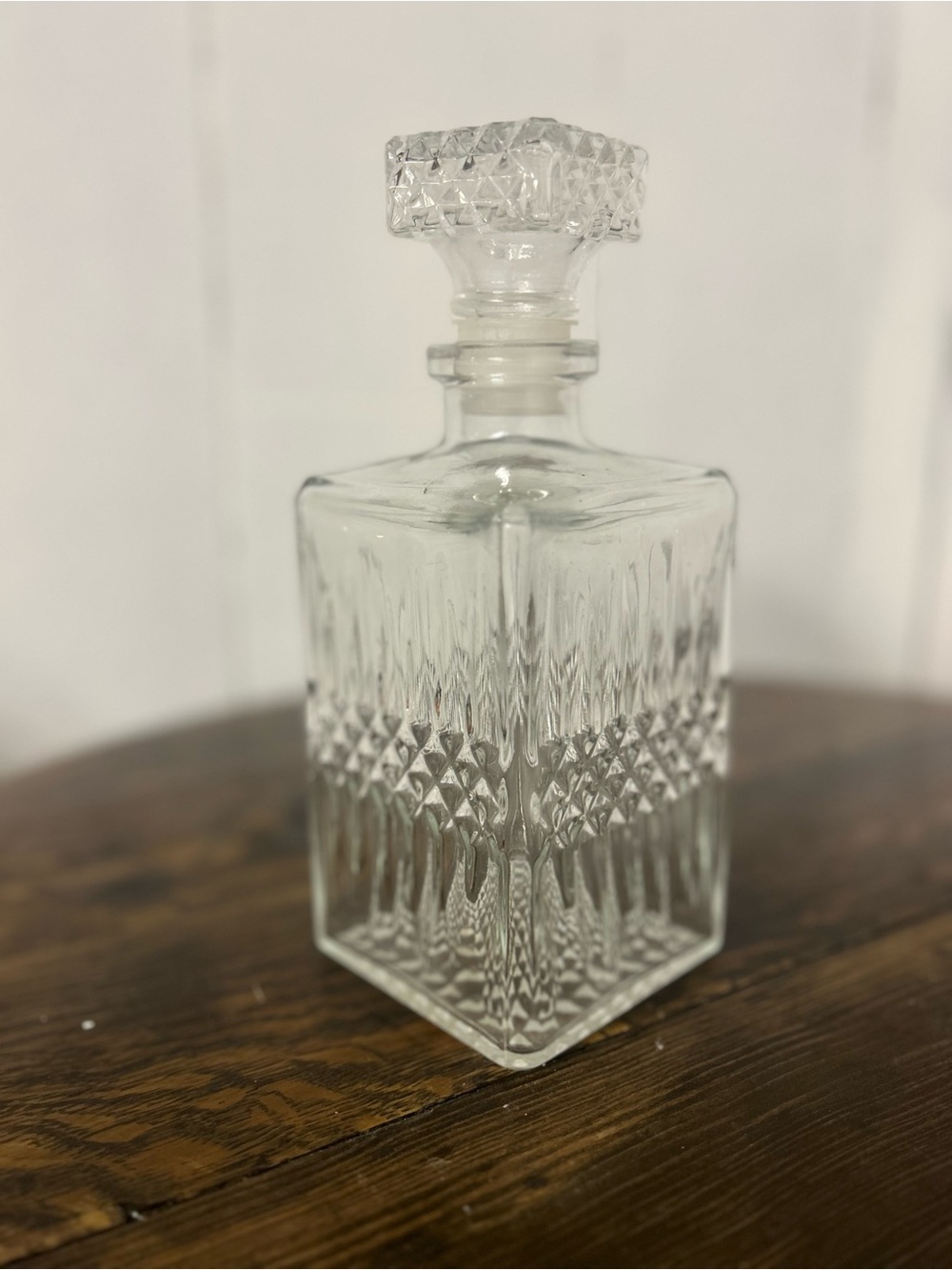 Vintage 1960-70s Diamond Cut Glass Square Decanter in Clear Glass, Large